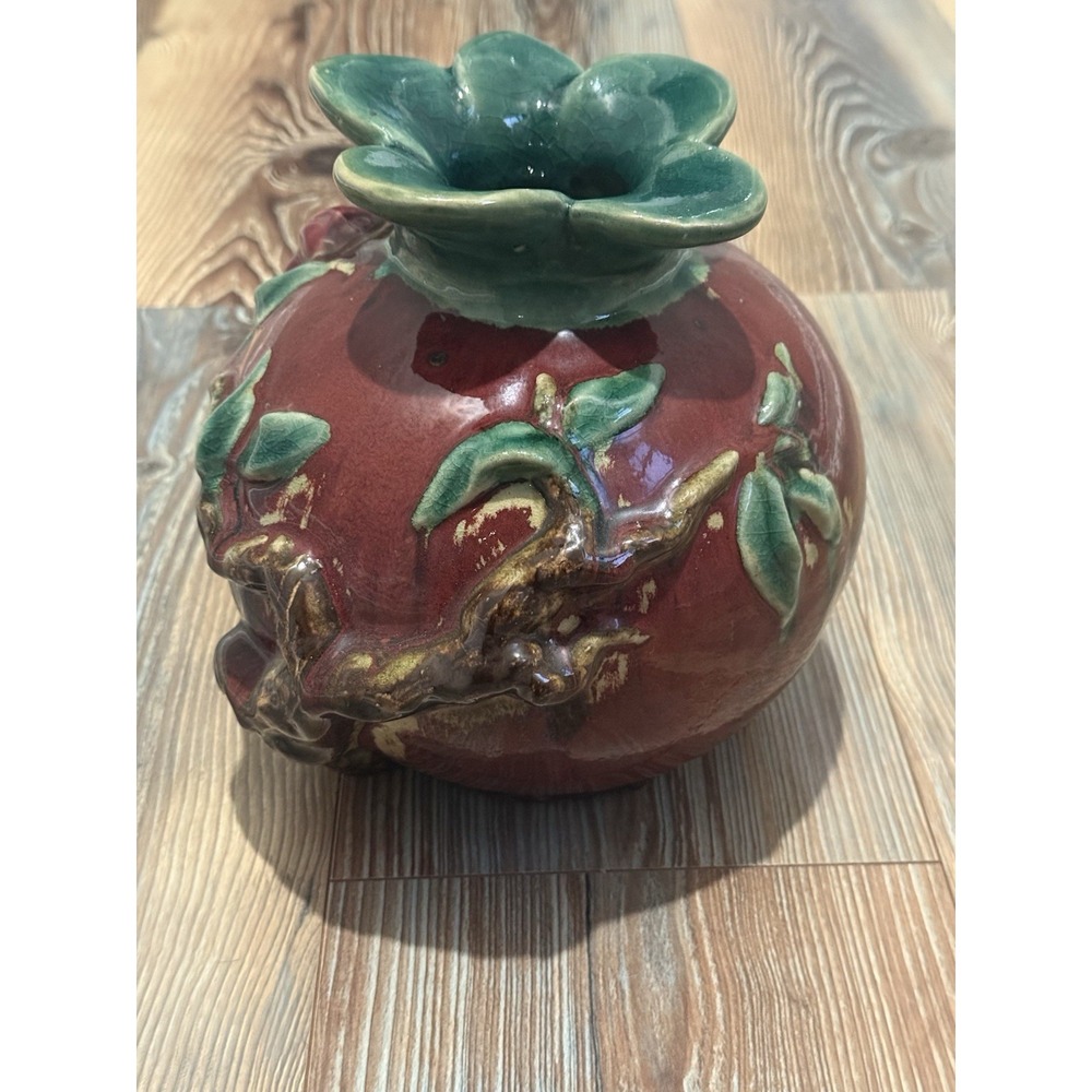 VTG Very Rare Hand Made Pomegranate Vase Deep Red W Green Majolica 7"